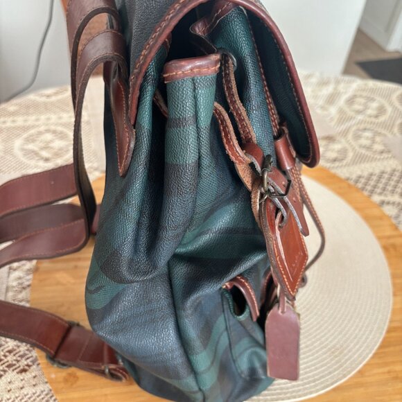 RARE Vintage Polo Ralph Lauren Blackwatch Tartan Plaid Backpack/Bag Leather Trim - Picture 3 of 12